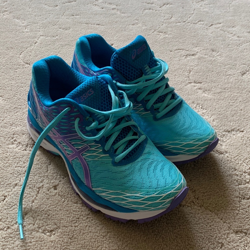 Turquoise blue and purple oasis running shoes, women size 7 1/2